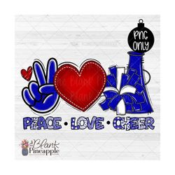 cheer design png, peace love cheer in royal blue png, cheerleading design, cheer sublimation design png