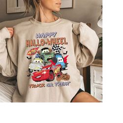 vintage disney cars lightning mcqueen halloween sweatshirt, disney pixar cars happy hallo-wheel truck or treat, funny sp