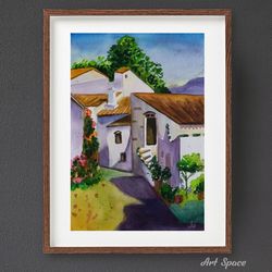 original watercolor painting "beautiful street", decoration for office, housewarming gift, hallway decor