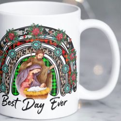 christmas jesus nativity scene mug stating best day ever