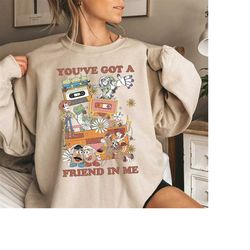 retro you've got a friend in me sweatshirt, woody and buzz lightyear shirt, toy story jessie and bullseye shirt, disney
