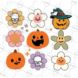 happy halloween svg, retro groovy flower svg, funny daisy flowers, boho flowers and pumpkins, happy halloween png