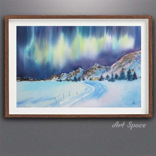 Original watercolor painting "Northern Lights", decoration for office, housewarming gift, decor