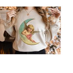 angel christmas sweatshirt holiday fashion gift for her, moon angel women's christmas shirt, retro christmas shirt vinta