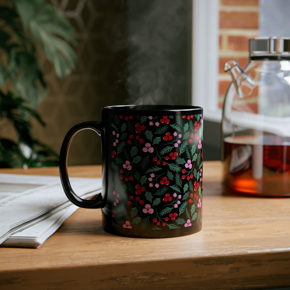 Seasonal Leaves and Berries Ceramic Mug - 11 oz, Microwave & Dishwasher Safe, Black ceramic Christmas mug, Christmas decorations mug - 2.jpg