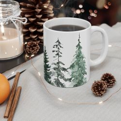 winter season trees mug , christmas trees mug, hot chocolate mug for secret santa gift, gift for her
