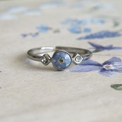 Adjustable ring, Pressed forget me not flower resizable ring, Silver stainless steel ring