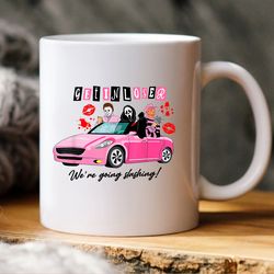 get in loser were going slashing mug, pink car horror character mug