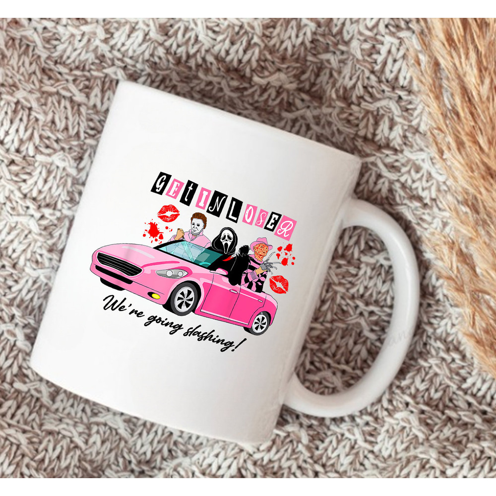 Get In Loser We're Going Slashing Mug, Pink Car Horror Character Mug, Halloween Breast Cancer Mug, Breast Cancer Awareness, Halloween Mug - 2.jpg