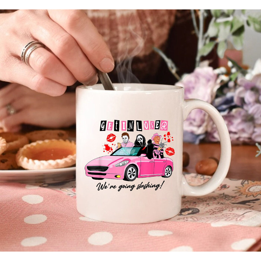 Get In Loser We're Going Slashing Mug, Pink Car Horror Character Mug, Halloween Breast Cancer Mug, Breast Cancer Awareness, Halloween Mug - 3.jpg