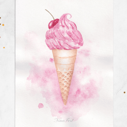 Cherry ice cream cone painting Original watercolor painting Painted postcard 5x7