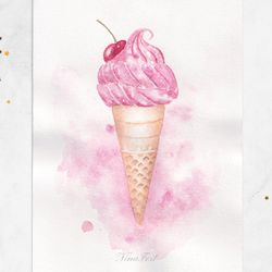 cherry ice cream cone painting original watercolor painting painted postcard 5x7