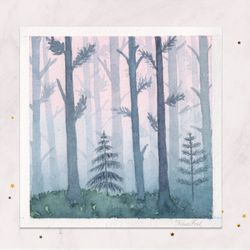 Original watercolor painting landscape Foggy morning forest painting Misty forest Tiny painting Mini painting 3x3