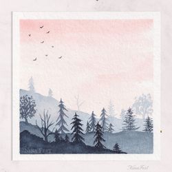 Sunset painting Summer evening mountains painting Original watercolor painting Tiny painting Mini painting 3x3