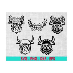 highland cow svg bundle, highland cow with flowers svg, floral cow head svg, cow face svg, highland cow template svg, co