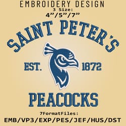saint peter's peacocks embroidery design, ncaa logo embroidery files, ncaa peacocks, machine embroidery pattern