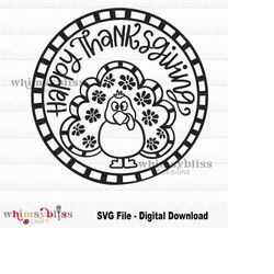 happy thanksgiving turkey round sign, svg file, digital download only, fall door sign for cricut/silhouette machine, tur