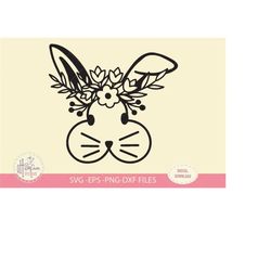 easter bunny head with flower, svg file, digital download only, bunny ear easter svg, bunny clipart cut file, hand drawn