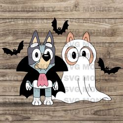 bluey and bingo funny halloween spooky season svg, bluey family scary kids halloween trick or treat svg eps dxf png