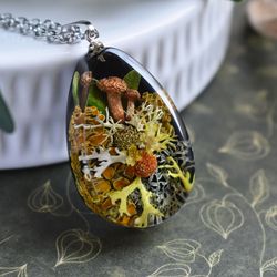 Real mushrooms and lichen pendant. Forest pendant. Dried mushroom jewelry.