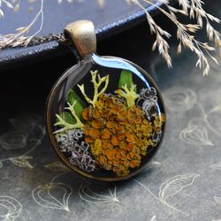 Real lichen pendant. Forest necklace. Dried mushroom jewelry.