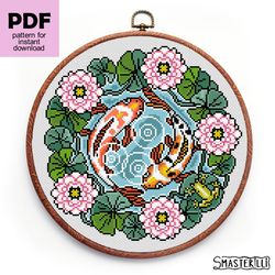 Koi fish cross stitch pattern PDF, Water flowers wreath embroidery ornament, Japanese Zen stitching idea