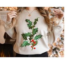 Cottagecore Christmas Sweatshirt Holiday Gift, Vintage Botanical Holly, Retro Christmas Shirt PJs, Matching Family Pajam
