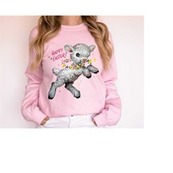 retro easter sweatshirts, easter lamb shirt gift for her, vintage easter sweater, mid century modern happy easter top, e