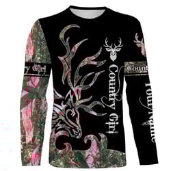 country girl deer hunting pink tree camo custom name all over printed shirt, hoodie, female hunting gifts fsd2556