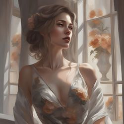 digital art, illustration. the girl by the window, brown 1. hyper-detailed painting. digital download!