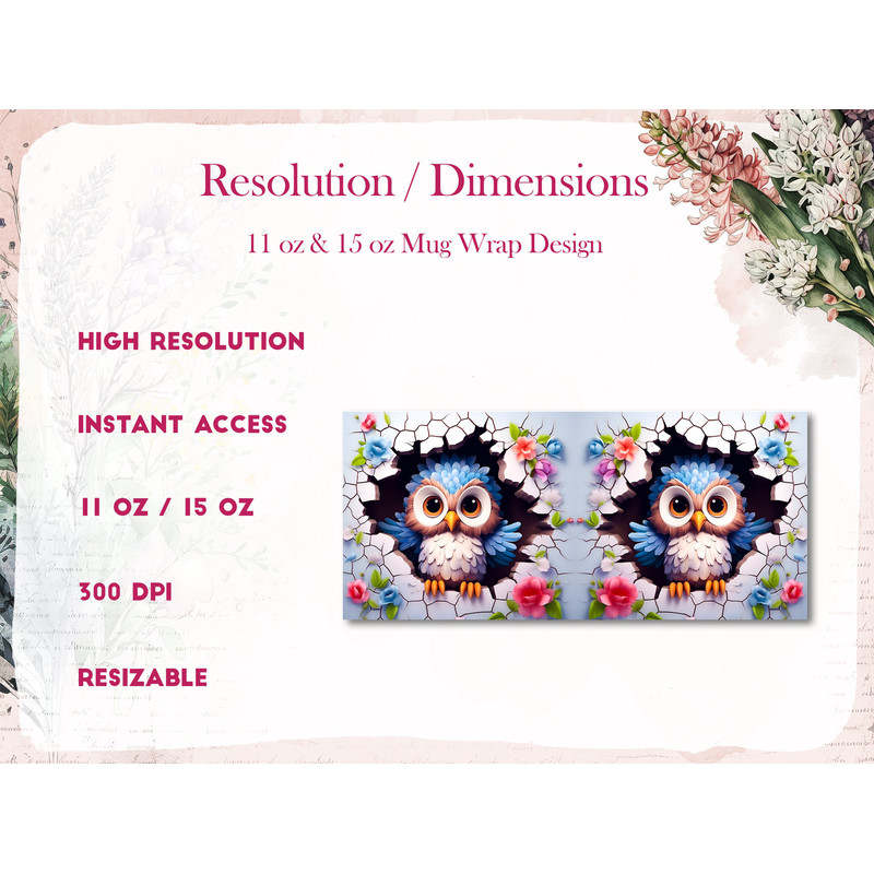 3D Baby Owl Mug Wrap, 3D Cracked Hole Owl Mug Wrap Sublimation Design PNG, 3D Floral 11oz and 15oz Owl Mug Wrap - 2.jpg