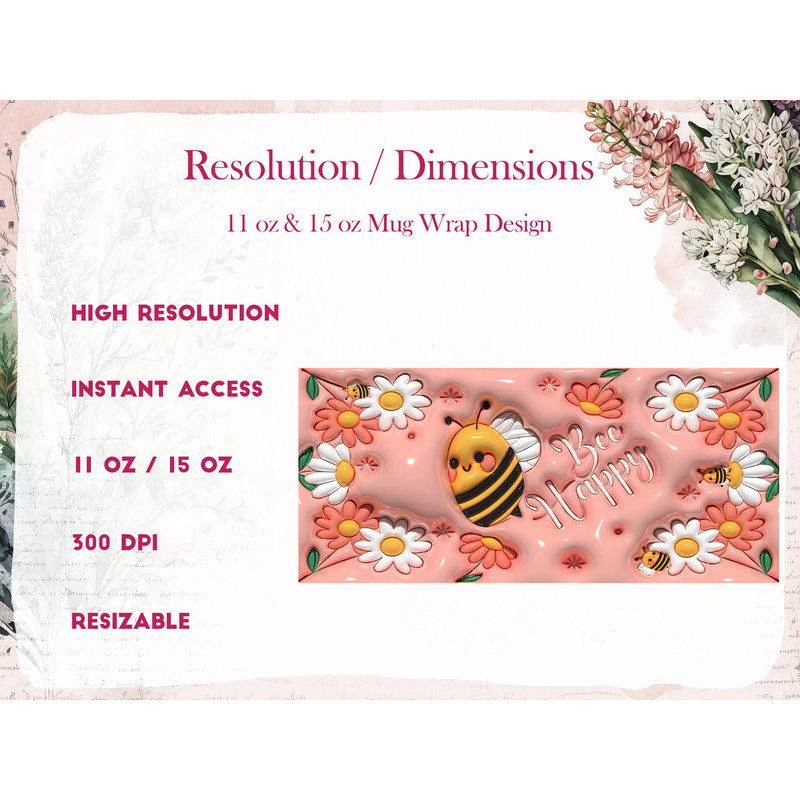 3D Beeing Happy Inflated Bee Mug Wrap, 3D Puffy Honeycomb Bee Mug Wrap Sublimation Design PNG, 3D Daisy Puff Flowers 11oz and 15oz Mug Wrap - 2.jpg