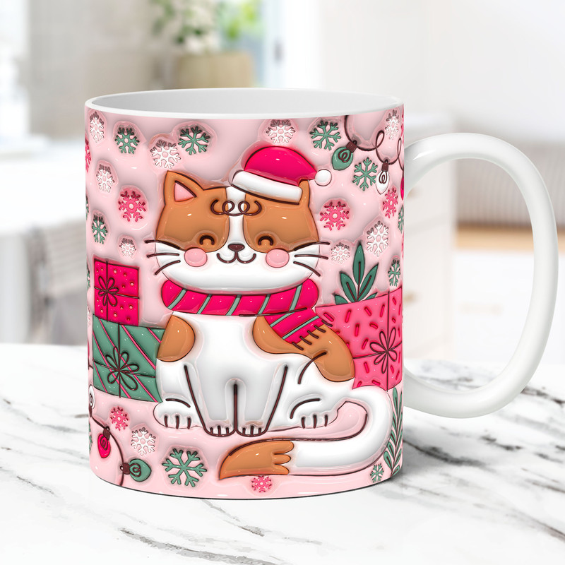 3D Christmas Mug Wrap Inflated Cat Mug Wrap Sublimation Design PNG Christmas Cat Mug Press Design 11oz & 15oz Puffy Coffee Cup Template - 1.jpg