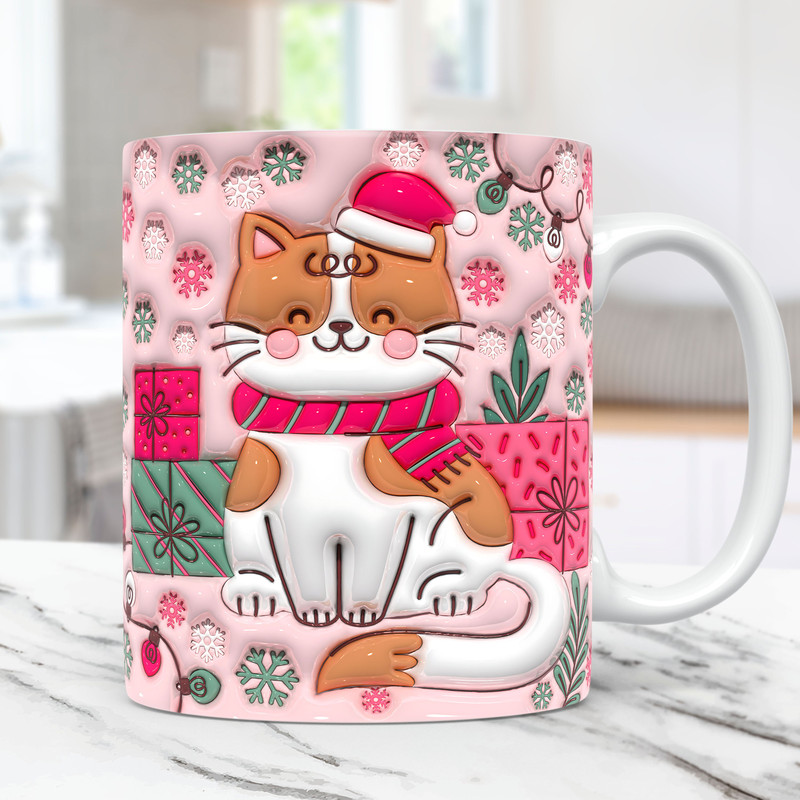 3D Christmas Mug Wrap Inflated Cat Mug Wrap Sublimation Design PNG Christmas Cat Mug Press Design 11oz & 15oz Puffy Coffee Cup Template - 2.jpg
