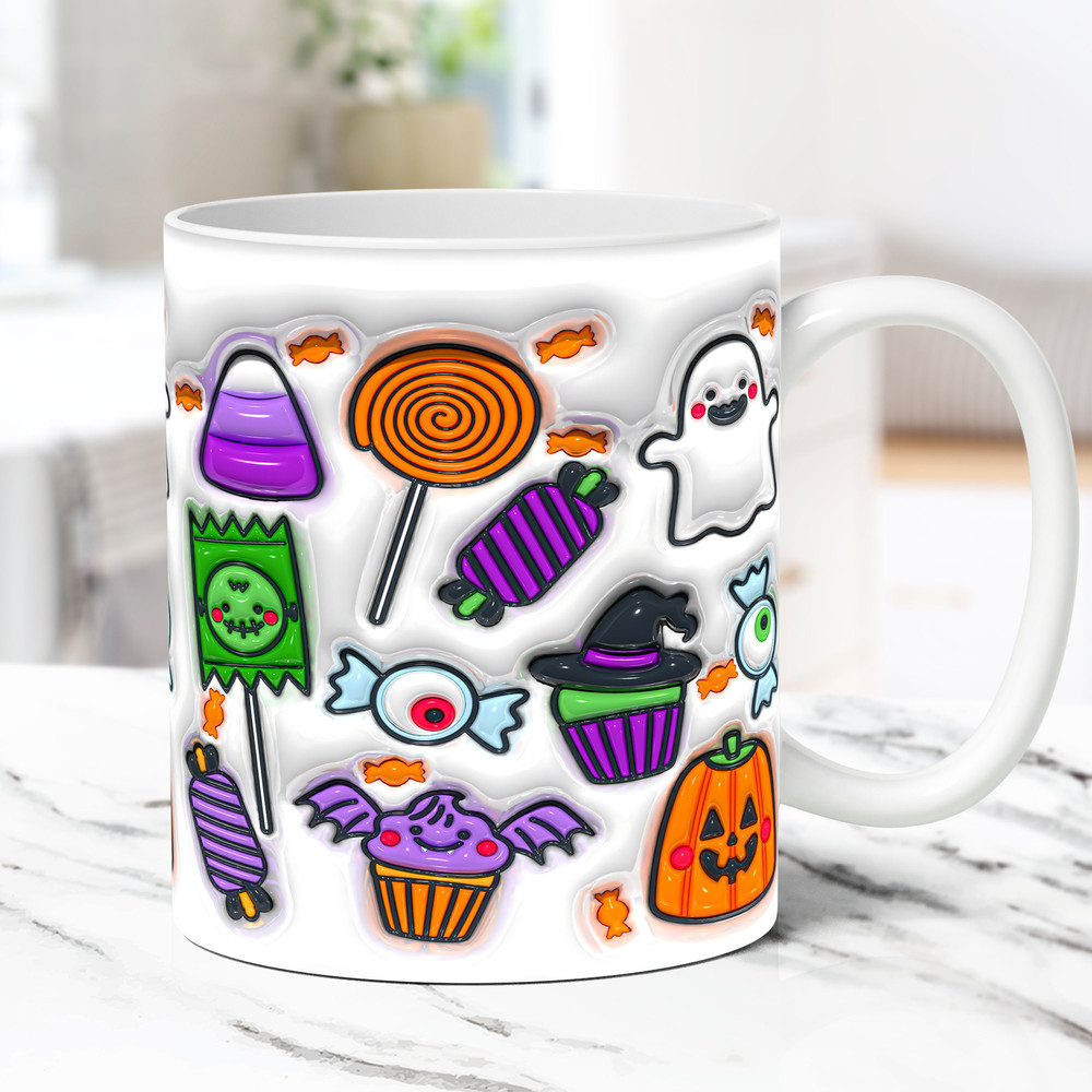 3D Halloween Mug Wrap, Spooky Vibes Halloween Mug Wrap Sublimation Design PNG, 11oz and 15oz Inflated 3D Puffy Ghost Halloween Mug Wrap - 1.jpg