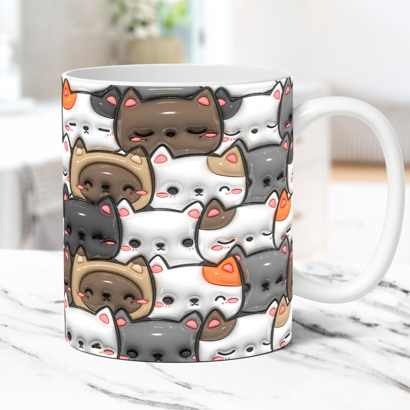 3D Inflated Cat Mug Wrap, Puffy Cats Mug Wrap Sublimation Design PNG, 11oz and 15oz Coffee Cup Template, 3D Cute Cats Mug Press Design - 1.jpg