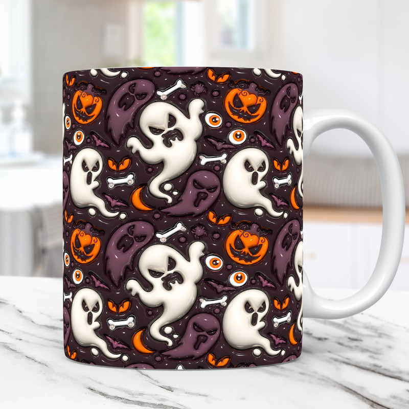 3D Inflated Halloween Mug Wrap, Pumpkin Ghost Halloween Mug Wrap Sublimation Design PNG, 3D Puffy 11oz 15oz Spooky Vibes Halloween Mug Wrap - 1.jpg