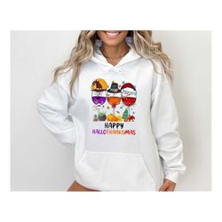 happy hallothanksmas wine sweatshirt ,cute drinking hoodie, funny festival top ,christmas sweat, thanksgiving top, hallo