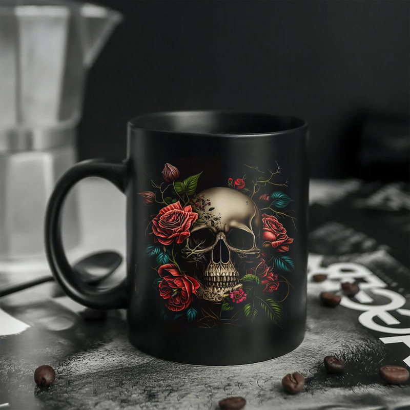 Skull with Roses Mug, Gothic Dead Skull Steampunk Art Mug, Skeleton Mug - 1.jpg
