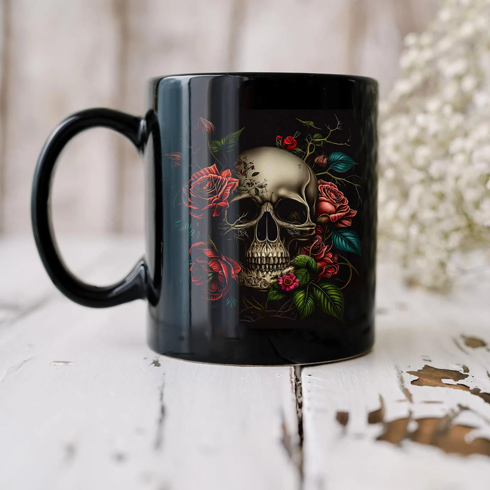 Skull with Roses Mug, Gothic Dead Skull Steampunk Art Mug, Skeleton Mug - 2.jpg