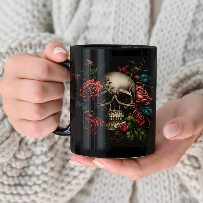 Skull with Roses Mug, Gothic Dead Skull Steampunk Art Mug, Skeleton Mug - 3.jpg
