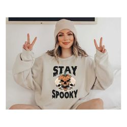 retro stay spooky sweatshirt, halloween skeleton sweater, creepy pumpkin halloween gift