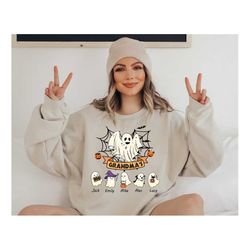 personalized grandma halloween sweatshirt, grandkids name sweater, custom ghost kids name halloween t-shirt
