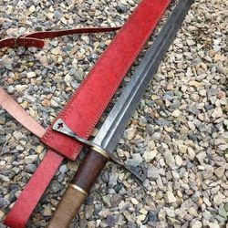 custom handmade cross sword hand forged damascus steel with leather sheath gift