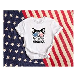 meowica t-shirt, 4th of july, cat with sunglasses tee, usa shirt, america shirt, 4th of july tank top, only white colors