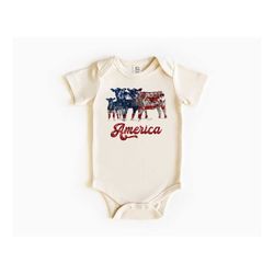 American Flag Cows T-shirt, Western Baby Retro Natural Bodysuit, Vintage 4th Of July, Farm Baby Shirt, America Retro Tee