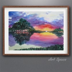 original watercolor painting "bright sunset", decoration for office, housewarming gift, hallway decor