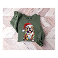 Bulldog Christmas Hat Sweatshirt, Christmas Bulldog Shirt, Christmas Dog Sweater, Happy New Year Dog, Christmas Lights T