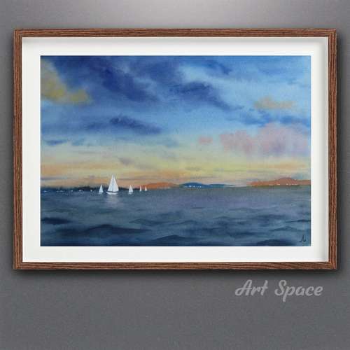 Watercolor painting, original, "Stormy sky", boats, unusual interior decor, housewarming gift, for the collector