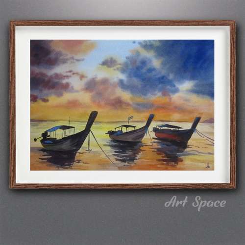 Watercolor painting, original, Bright sunset, boats, unusual interior decor, beach, housewarming gift, for the collector